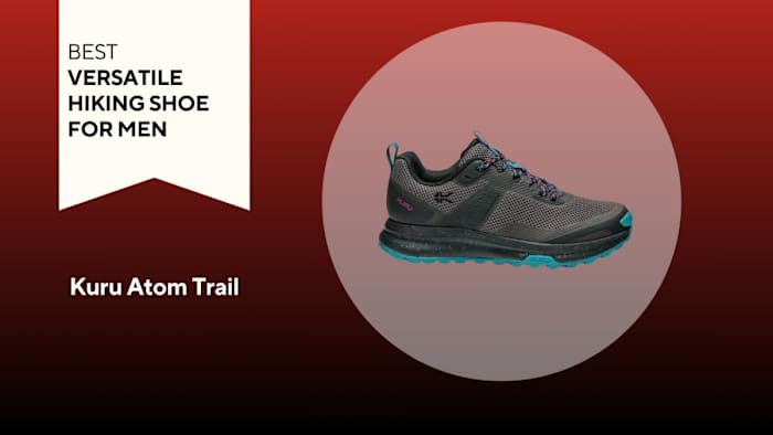 black kuro atom trail shoe with blue sole on red background